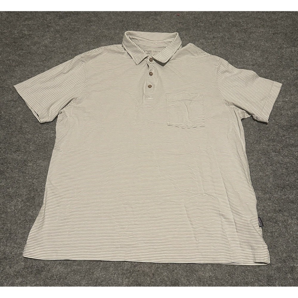 Patagonia Mens Large Grey Striped Comfort Pocket Polo Shirt 100% Cotton EUC